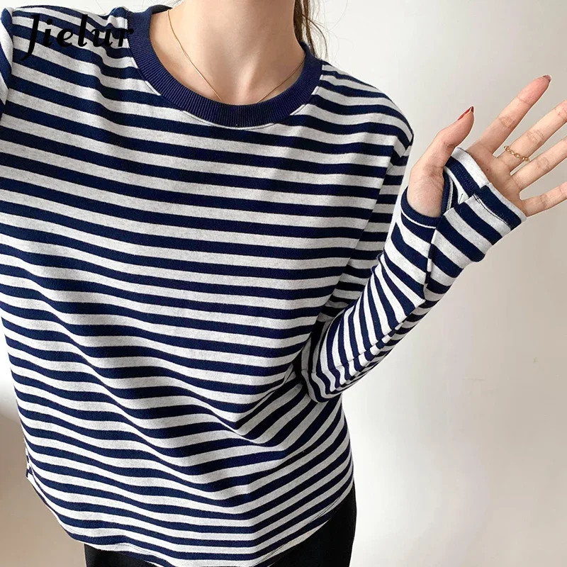 Jielur Green Blue Black Striped Long Sleeve T shirt Women Cotton Top Female Basic Bottoming Shirt Autumn T-shirts Gloves S-XL