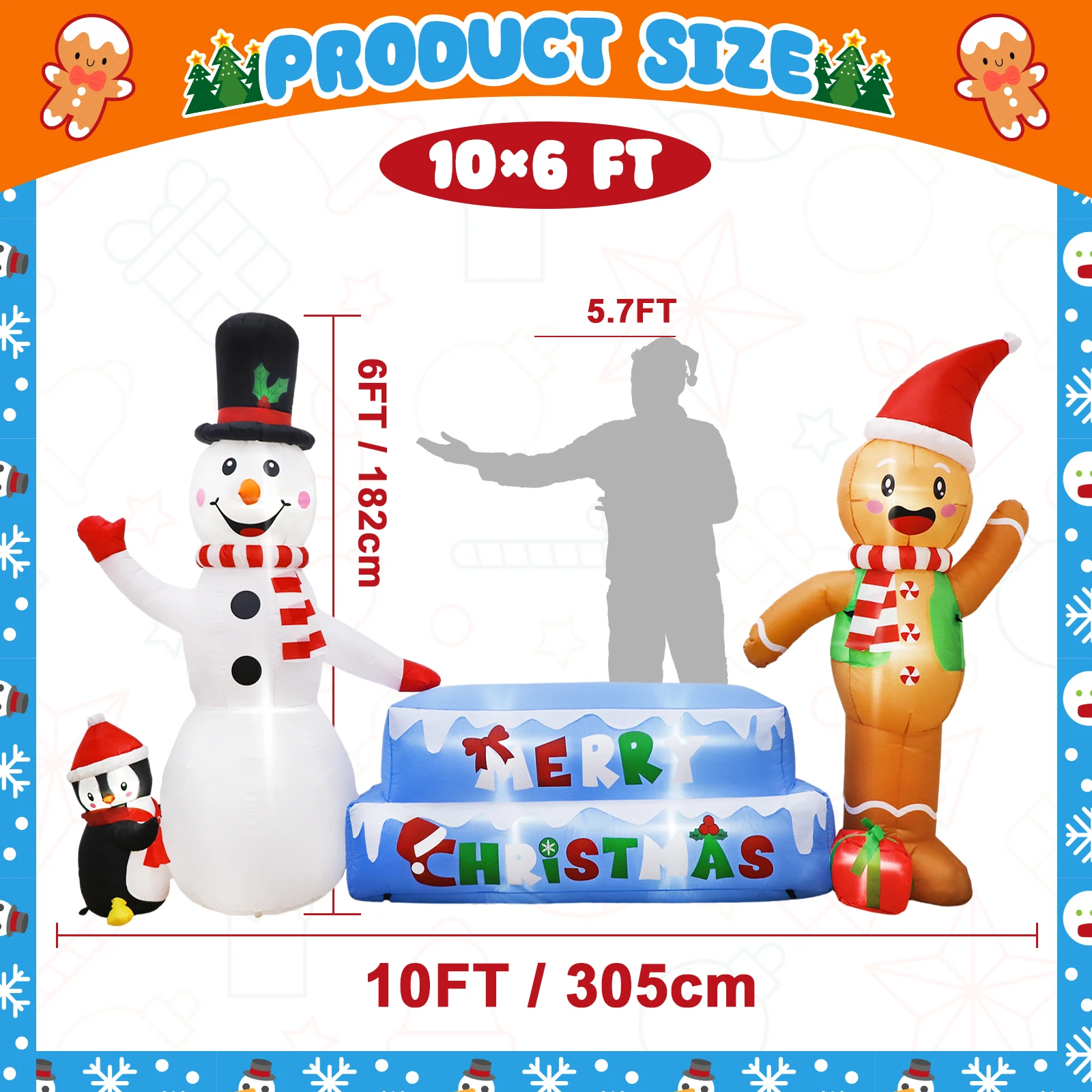 10ft Christmas Inflatable Snowman Gingerbread Man Toy, Outdoor Decoration, Suitable for Outdoor Garden Decoration