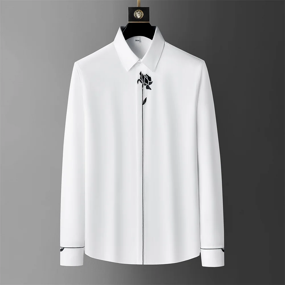 High Quality Embroidered Long Sleeved Shirt Men Casual Business Dress Shirts Slim Fit Social Party Banquet Tuxedo Men Clothing