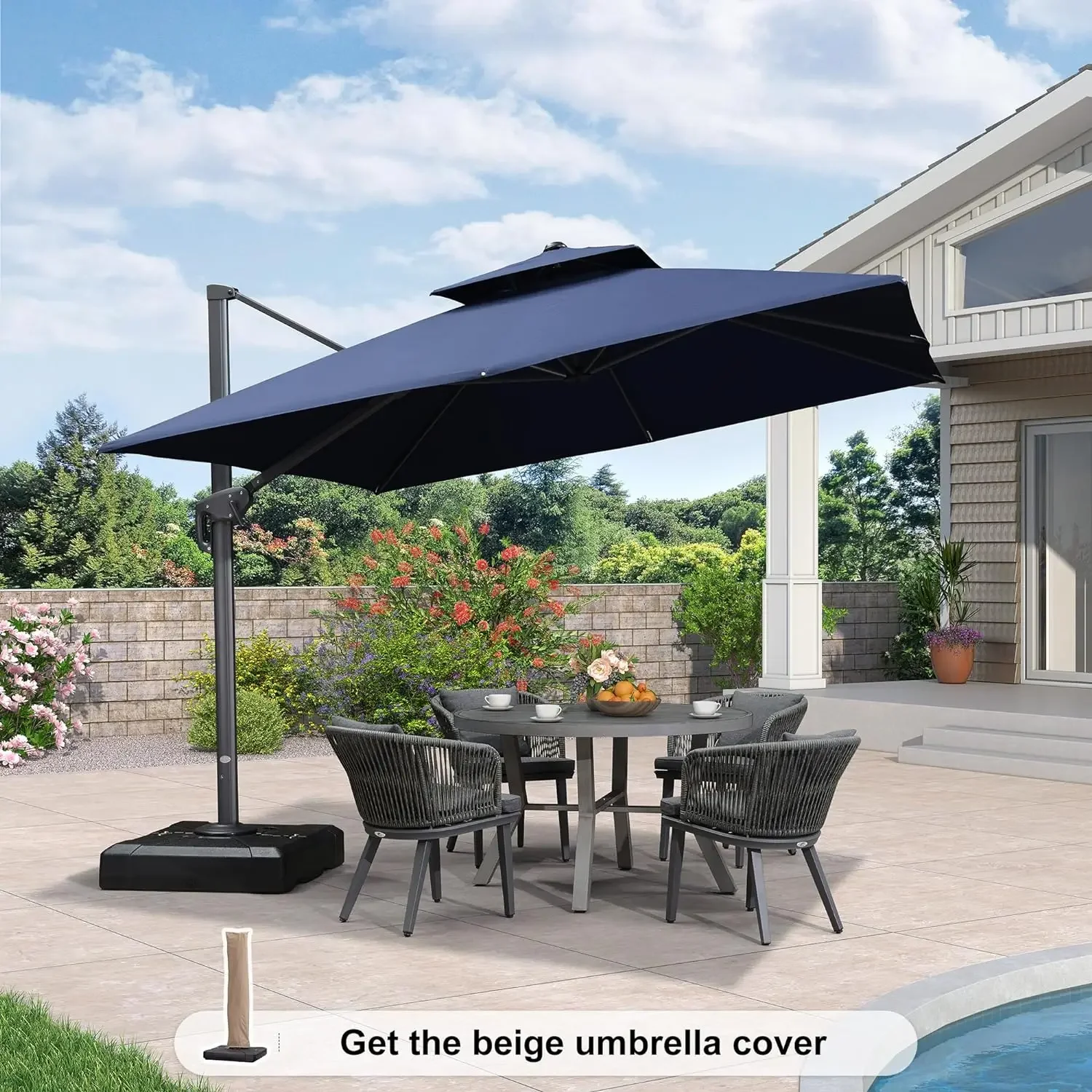 Outdoor Umbrella with Base Patio Umbrella Hanging Double Top Square Offset Umbrella with 360°Rotation Tilting