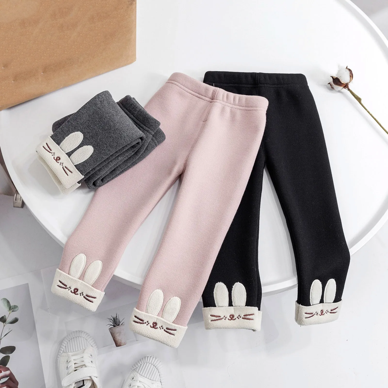 Infant Girl Leggings Autumn Winter Thicken Plus Velvet Baby Pant Tights Elastic Waist Flower Warm Kids Rabbit Print Trousers