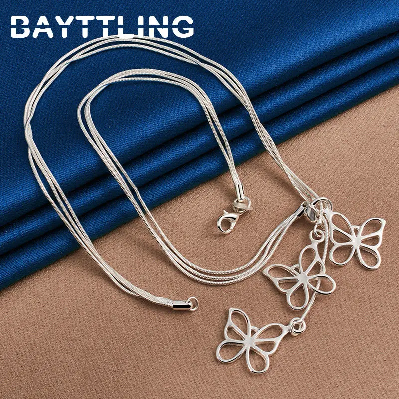 

925 Sterling Silver 18 Inches Beautiful 3 Butterfly Pendant Snake Chain Necklace For Women Fashion Engagement Jewelry Accessorie