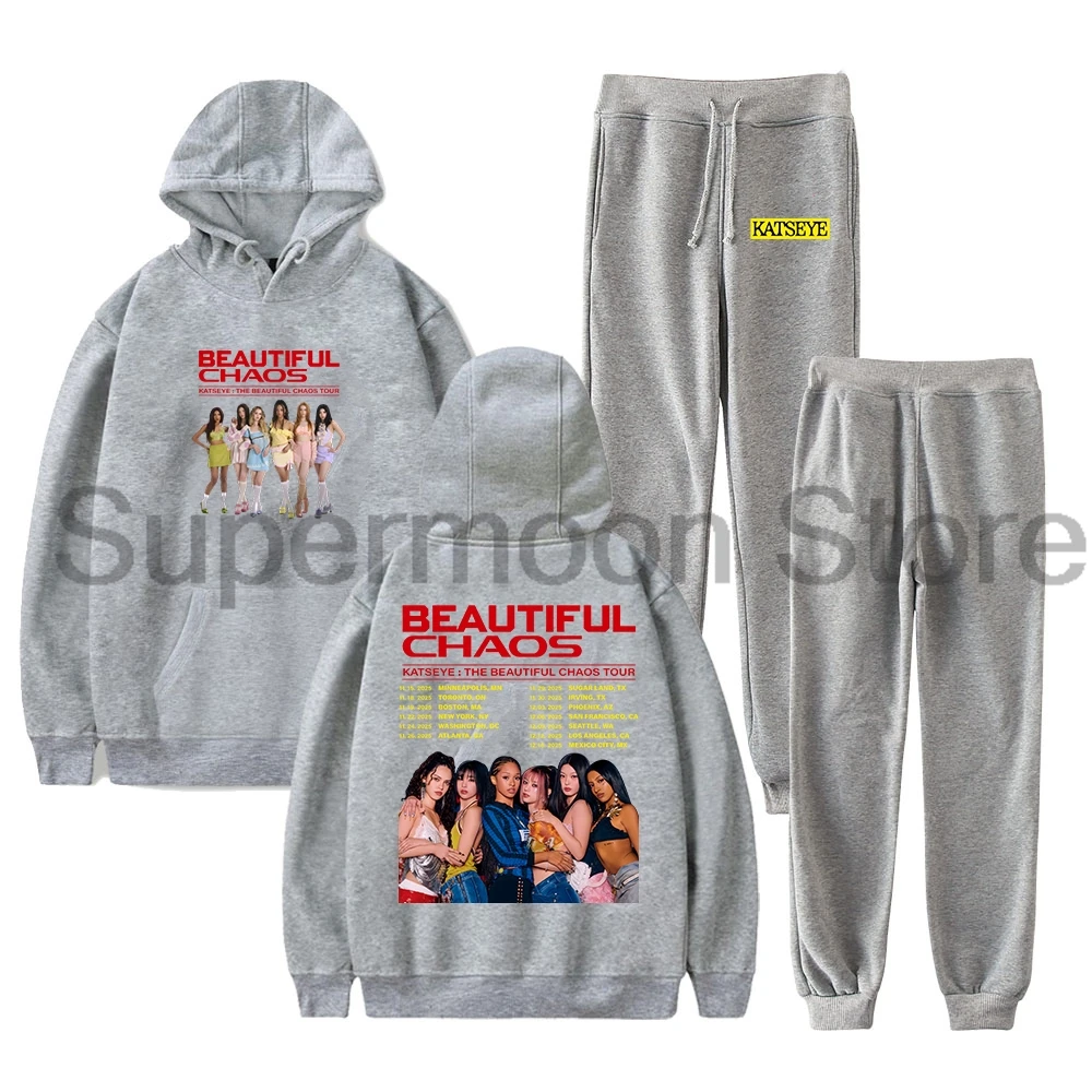 Kpop katseye o lindo caos tour 2025 moletom com capuz calças jogger conjunto de duas peças moletom + moletom masculino feminino conjuntos de roupas