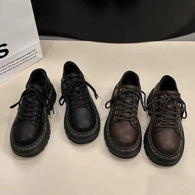 

Маленькие женские кожаные туфли в британском стиле, удобные женские туфли на толстой подошве с большим носком и шнурками спереди