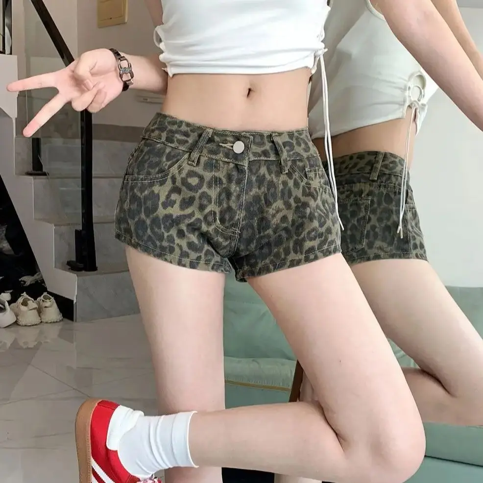 

Denim Super Shorts Leopard Print Low Waist American Retro Hottie Women'S Summer New Straight Slimming Wide Leg Hot Pants