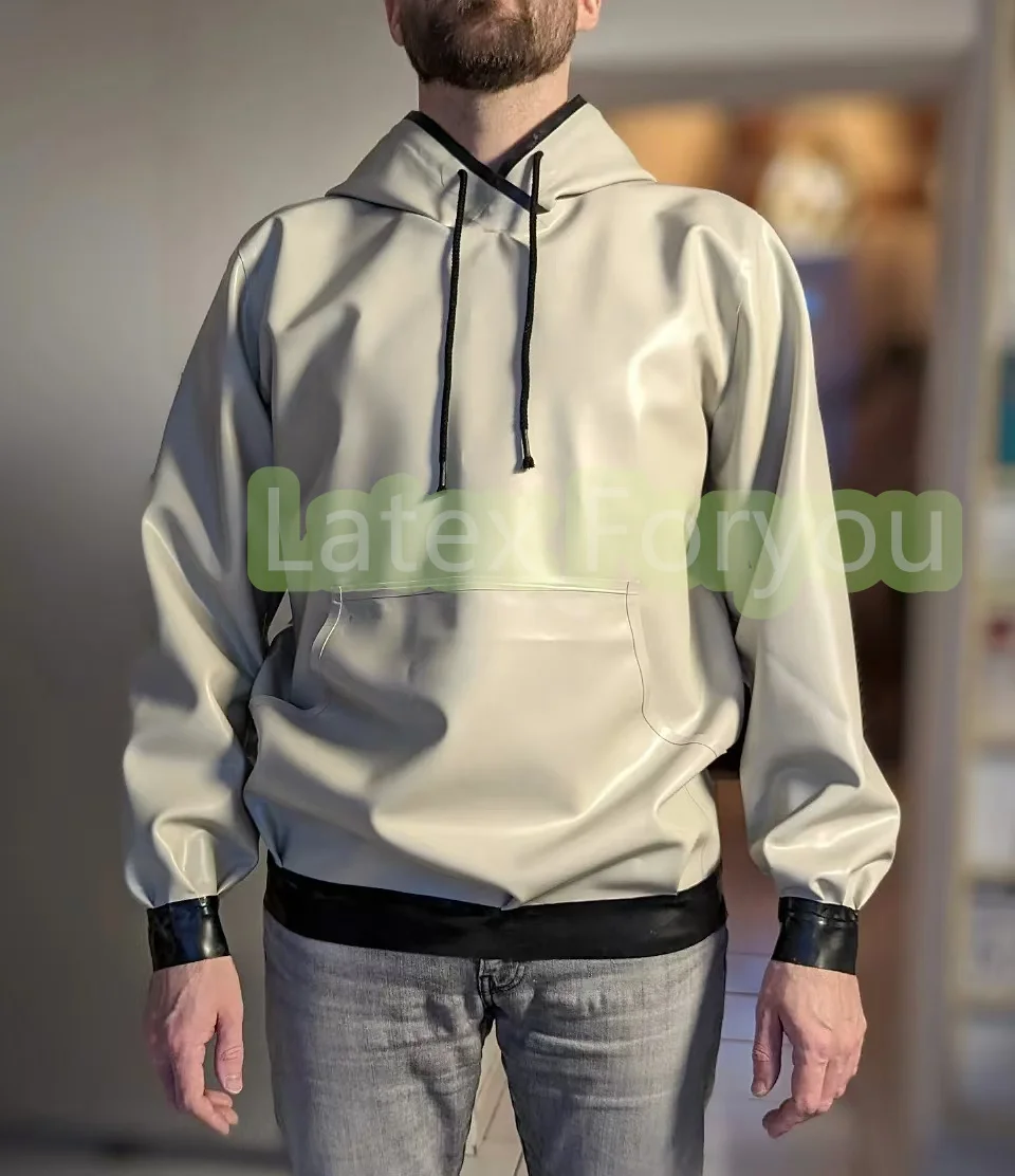 

Handmade Man's Latex Coat With Pocket Rubber Gummi White and Black Jacket Hoodie Role Latex Men's Top Daily Wear 0.4mm