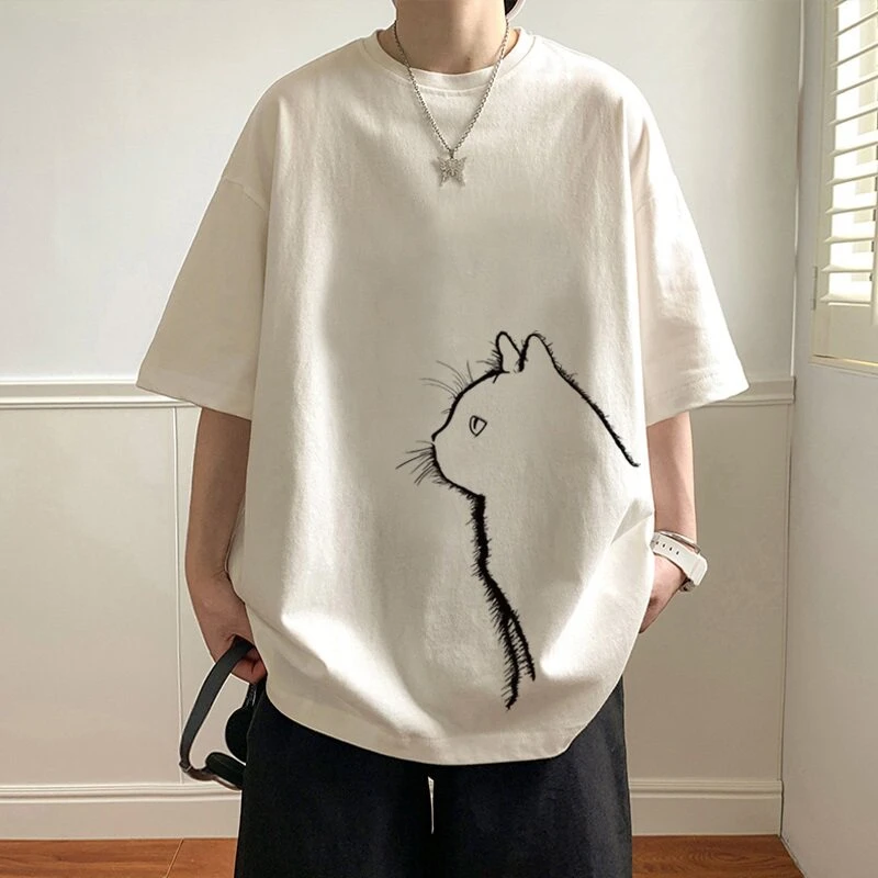 Cat Print Laid-back Style Pure Cotton Short-sleeved T-shirt for Men,summer New Design,loose Half-sleeved Top Clothing Breathable