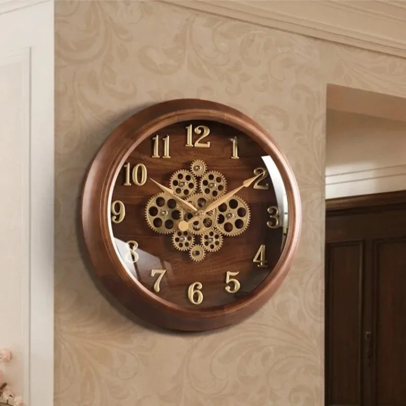 Premium Mechanical Wall Clock - American Vintage Design with Real Gears, Solid Wood Construction, Luxury Home Office Decor
