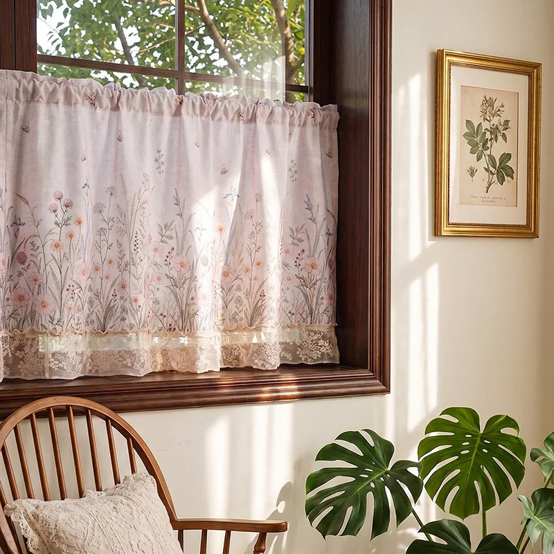 American Floral Embroidery-Style 2D Printed Kitchen Cafe Half Curtain, Rod Pocket Short Valance for Cabinet Pantry Window