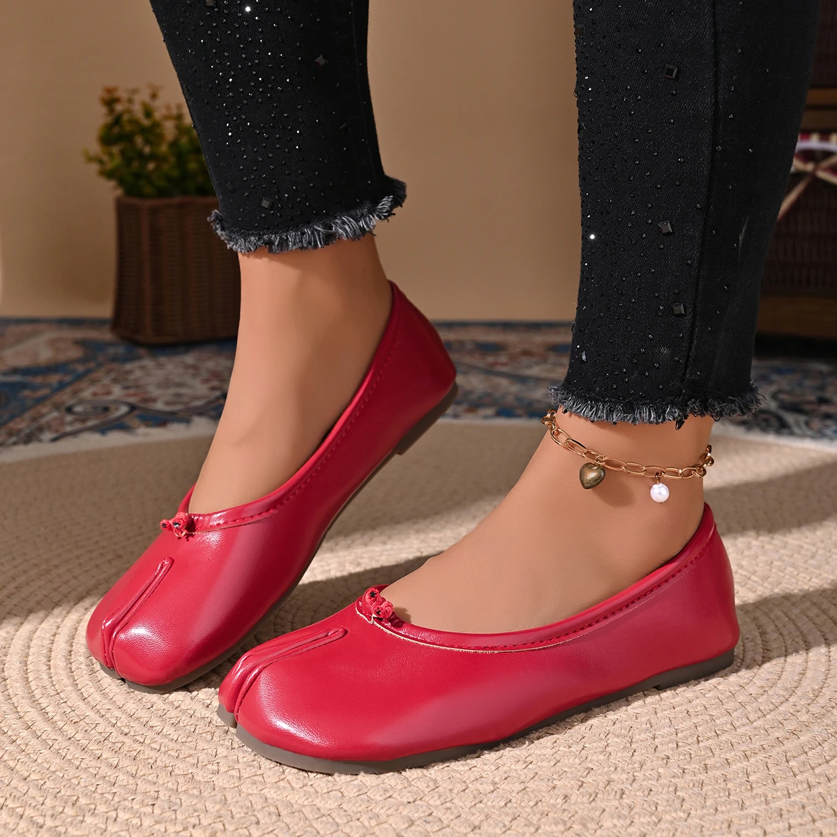 Damen Leder-Zehentrenner-Loafer Flache Bequeme Slip-On Atmungsaktive Freizeitschuhe ​ Größe 35-42 – Detail 4