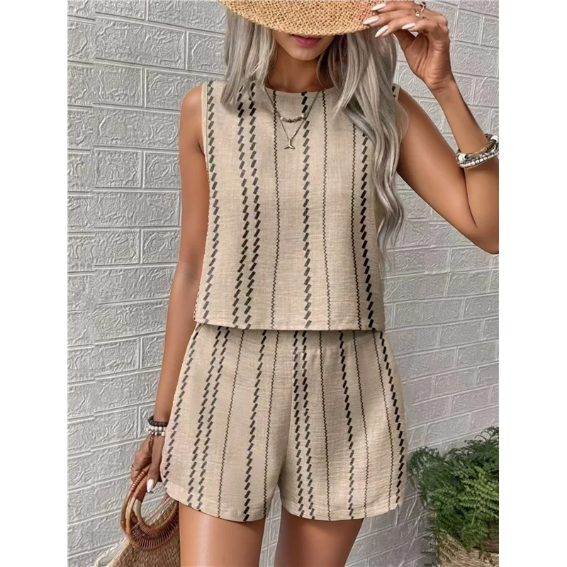 

【SEE】Women's Summer 2 Piece Outfits Geo Striped Crewneck Tank And Shorts Going Out Set