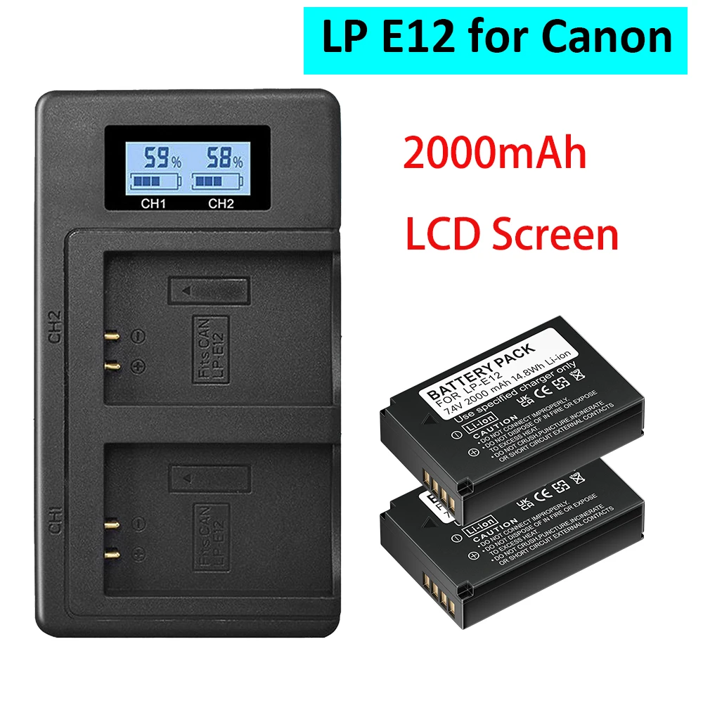 2000mAh LP E12 LP-E12 Rechargeable Battery for Canon LPE12 EOS M EOS M10 EOS M50 EOS M100 100D Kiss X7 Rebel SL1 Camera +Charger
