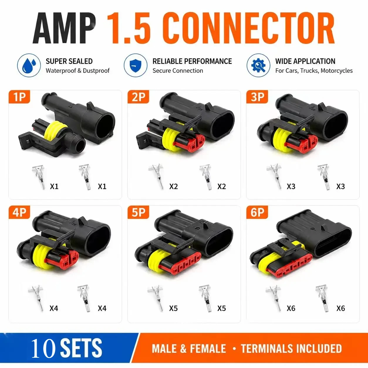 10 Sets AMP IP68 Waterproof Connector 1/2/3/4/5/6 Pin 12A Automotive Wire Plug Terminal Heavy Duty Connector for Car Truck