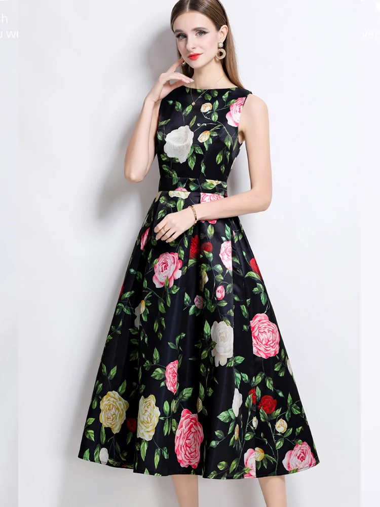 

Elegant Printed Sleeveless Slim Fit A-Line Dress 2025 Summer New Fashionable Women'S Clothing