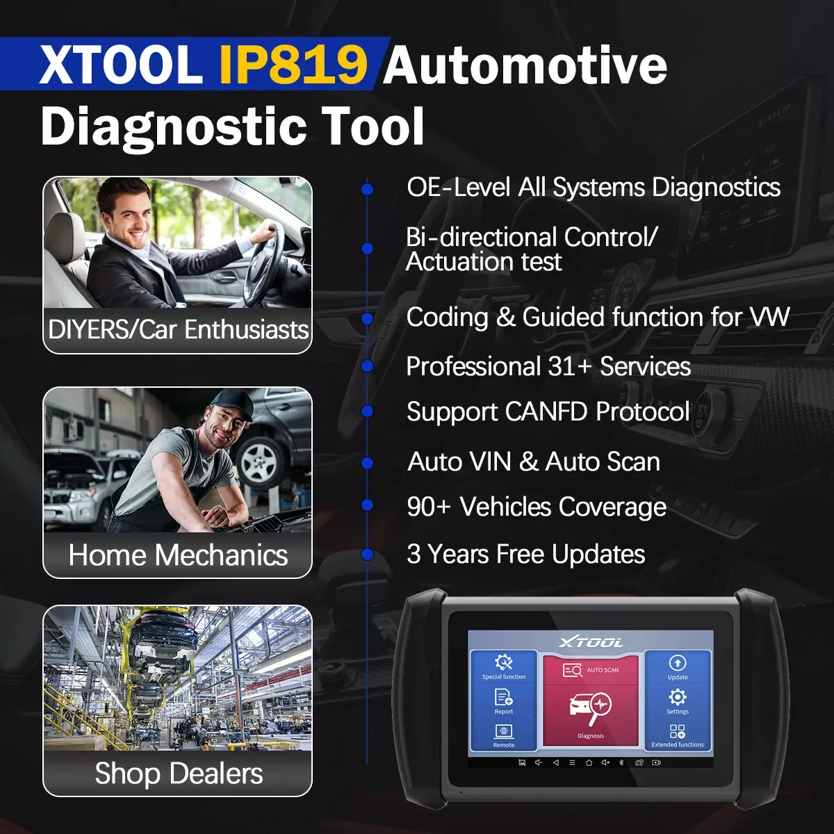 XTOOL Inplus IP819 Auto Diagnostic Tool ECU Coding VAG Guided Automotive Scanner Key Programming CAN FD Bi-directional Control