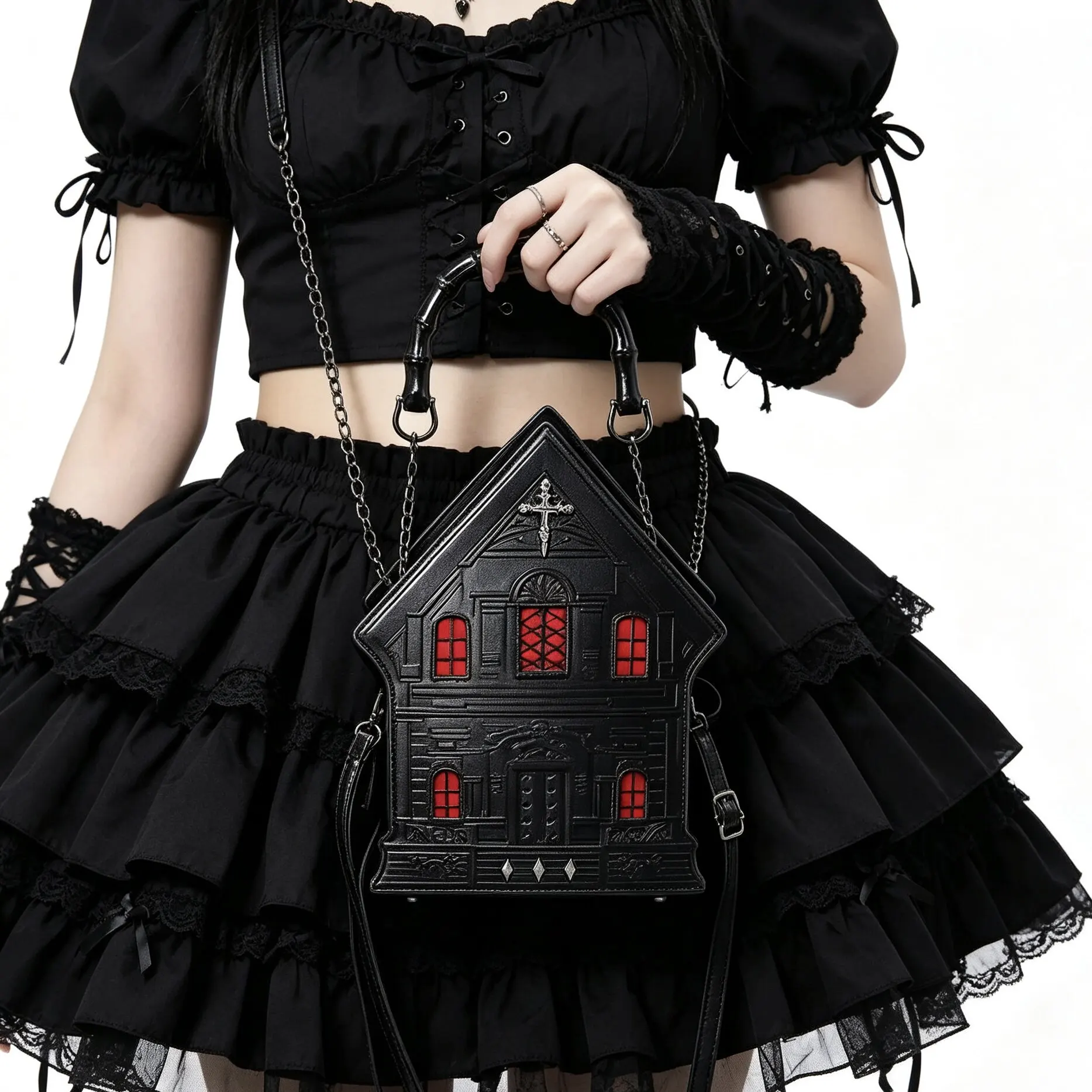 Gothic Dark Lolita Girls Cosplay Handbag Black Fashionable Ancient Castle Cross Rivet Casual Halloween House Pu Shoulder Bag