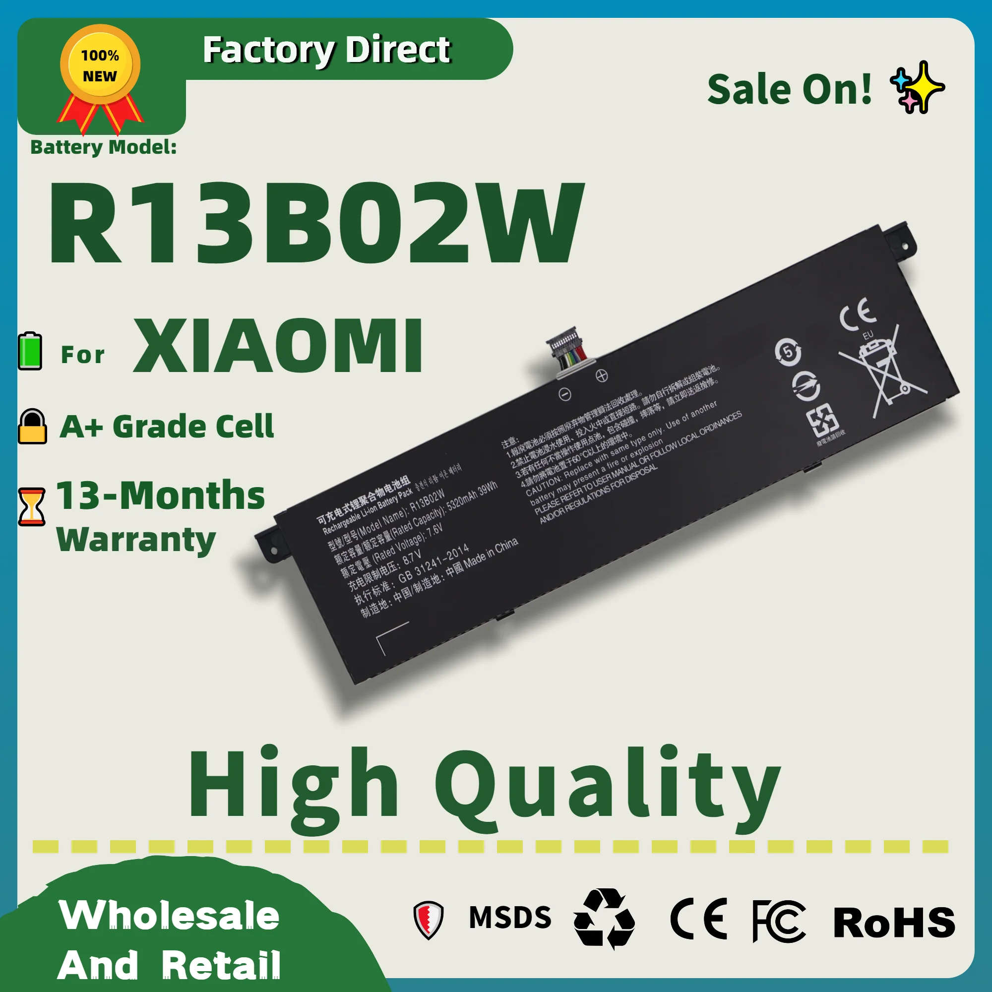 Factory Direct! R13B02W New R13B01W Laptop Battery For Xiaomi Mi Air 13.3