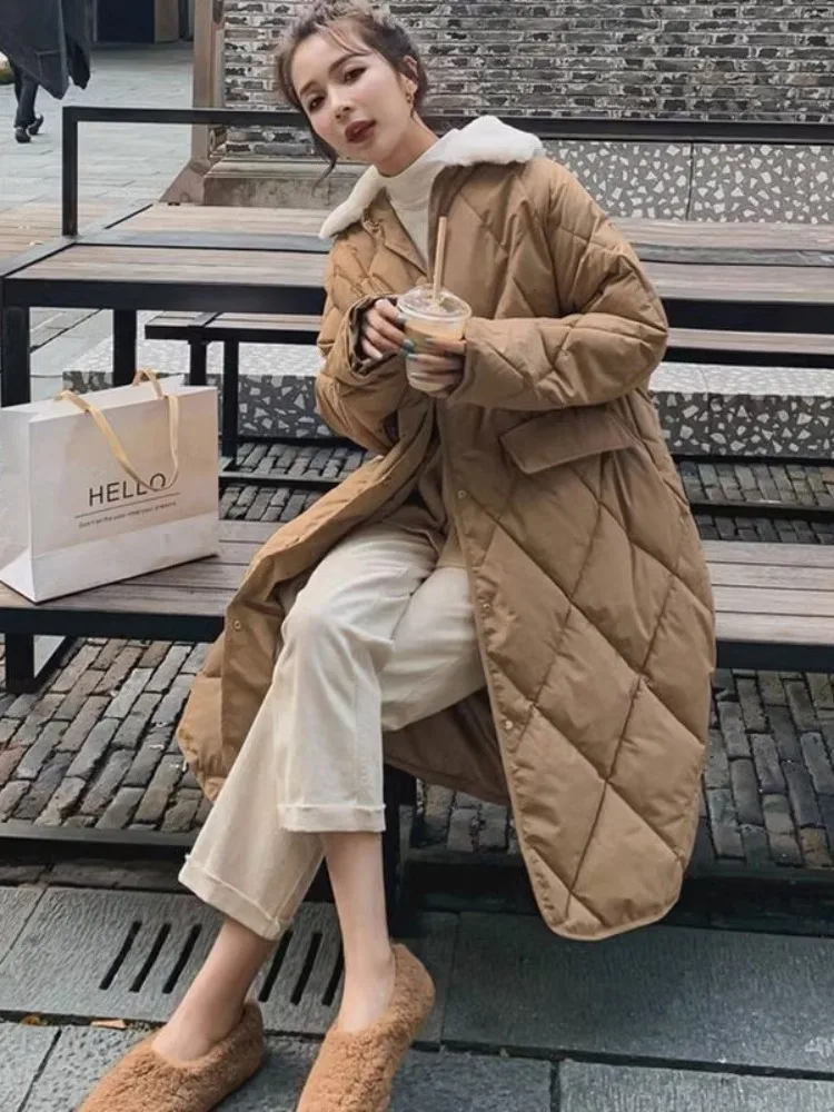 

Women's Winter Thiened down Cotton Jaet Long Over-Knee Loose Sle Retro Hong Kong Sle Quilted Coat Outerwear Coat