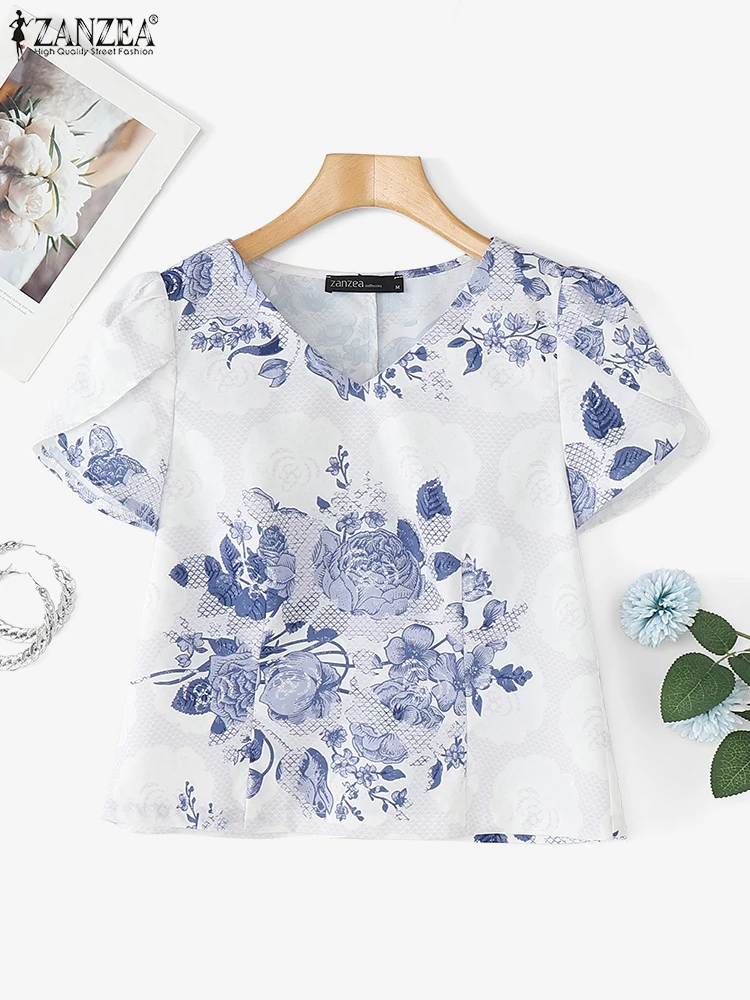Women Floral Print Blouse ZANZEA Summer Short Puff Sleeve Tops Bohemian V-Neck Elegant Office Lady OL Shirts Fashion Clothing