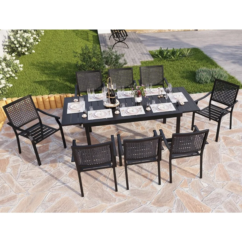 

Dining Table and Chairs Set of 9 Pieces Patio Furniture Set Metal Expandable Dining Table 8 Wrought Iron Stackable Chairs