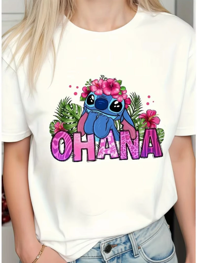 Kaos Pola Y2K Pria Wanita Disney Stitch Atasan Lengan Pendek Pola Bunga dan OHANA Kemeja Fashion Santai Longgar Ukuran Besar