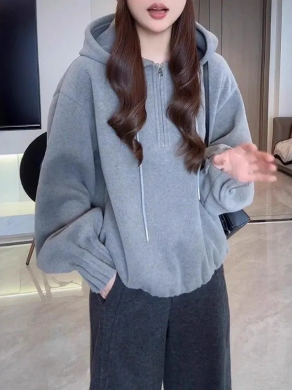 

Women's Hooded Fce Lined Dstring Spring Commute Casual Loose Fit Long Sve Zipper Top Faionable Spring Arrival