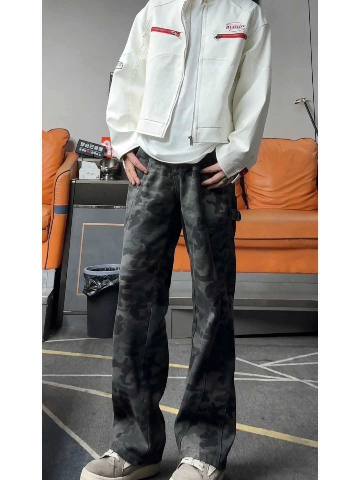 

Retro American Camouflage Fce Lined Men's Jeans Narrow Straight Leg Pants Casual Workwear Winter Comfortable Straight Cut