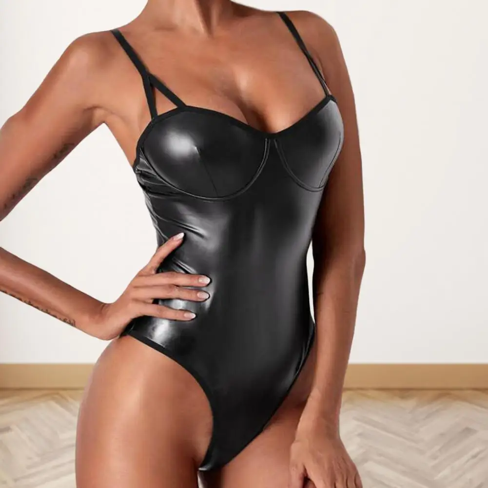 

Women Sexy PU Bodysuit Sleeveless Low-cut Slim Fit Adjustable Backless Pornographic Party Bodysuit Exotic Sets