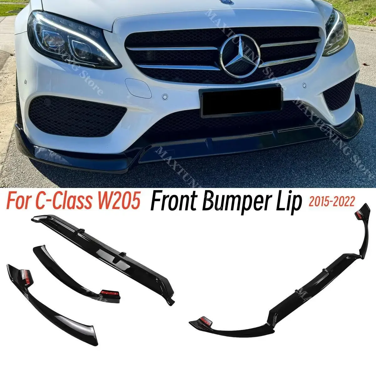 B B Style For Mercedes-Benz C-Class W205 2014-2022 Guard Gloss Black Look Front Bumper Lip Chin C180 C200 C260 C300 Tuning