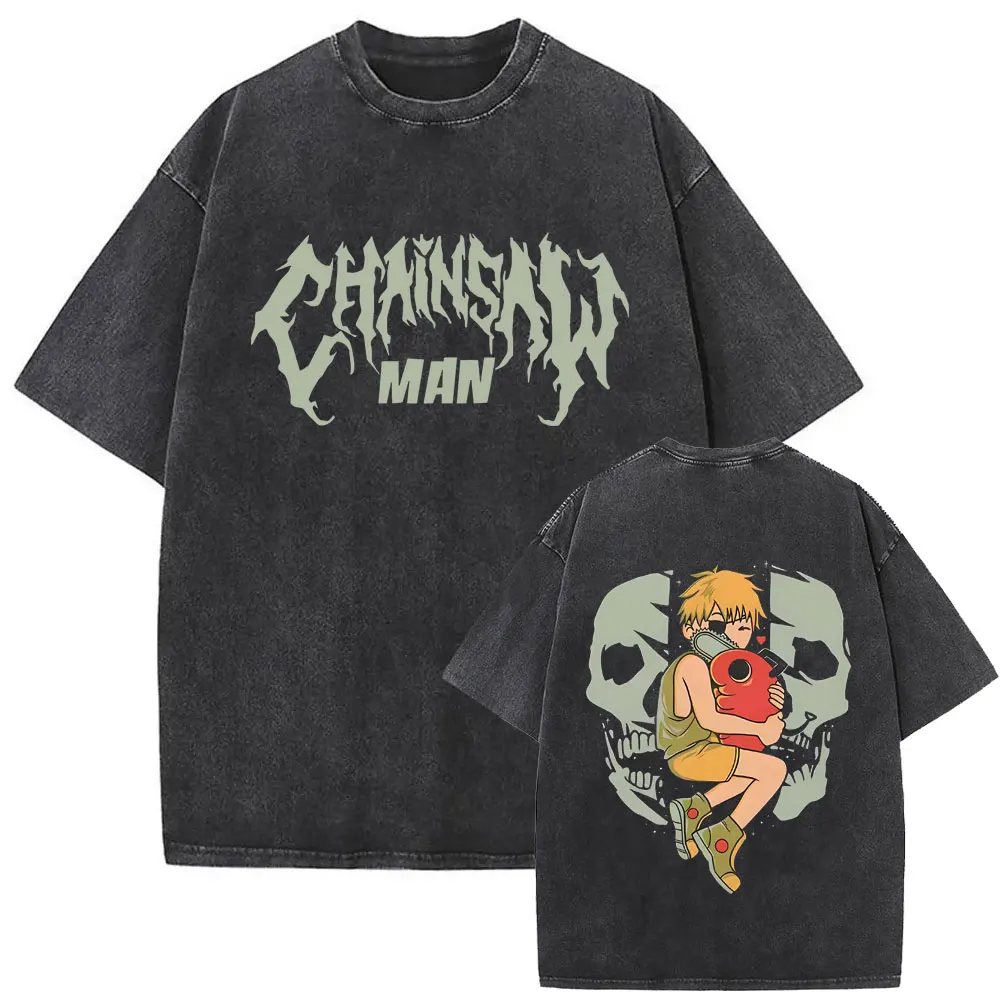 Anime Chainsaw Man Retro Washed T-shirt Funny Cartoon Denji Pochita Graphic T Shirt Fashion Vintage