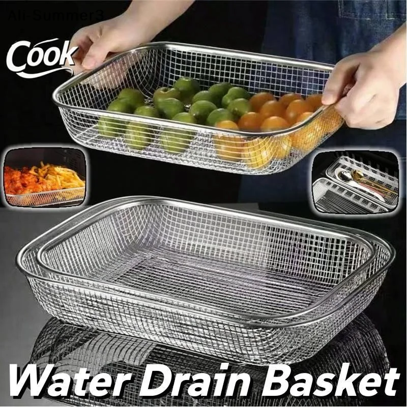 

【Wg3】2 IN 1 Stainless Steel Rectangular Draining Basket Steel Fruit Waing Basket Oil Drain Oven Tray
