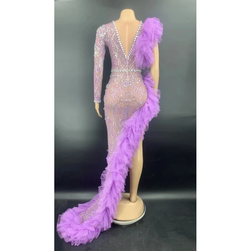 Rhinestone Purple Mesh Transparent Long Dress Birthday Celebrate One Sleeve Outfit Evening Women Dancer Party Dress