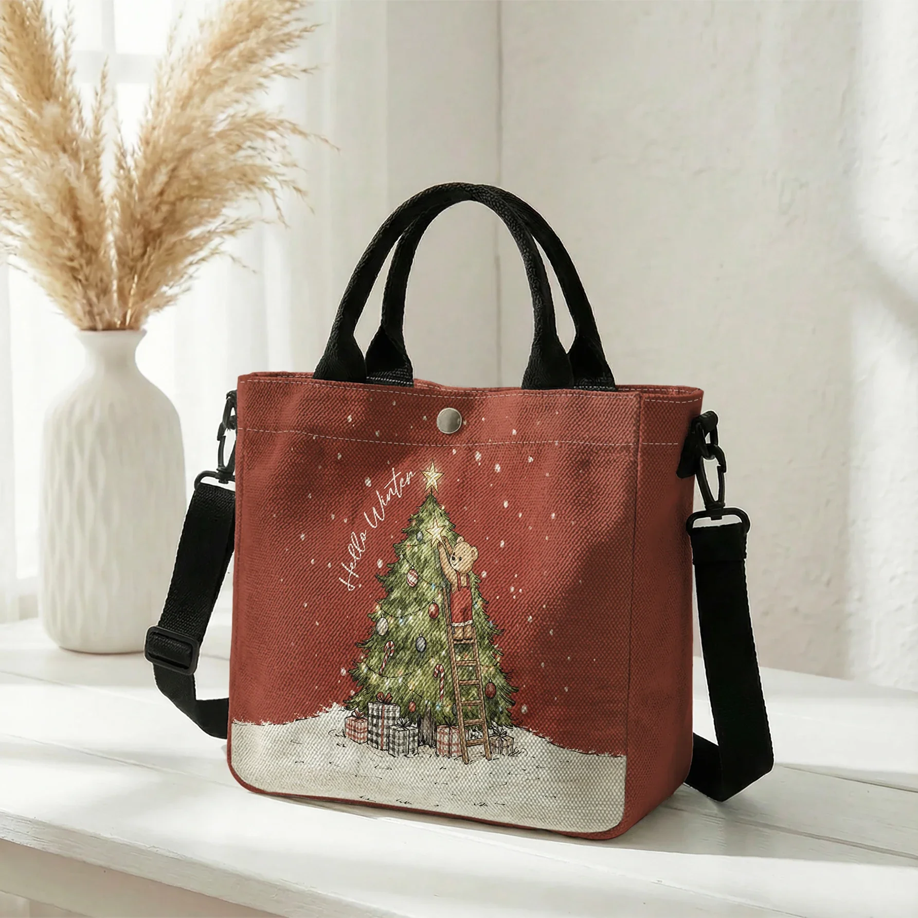 Hello Winter Bear Decorating Christmas Tree Print Tote Bag, Detachable Strap Crossbody Handbag For Daily Work Shopping