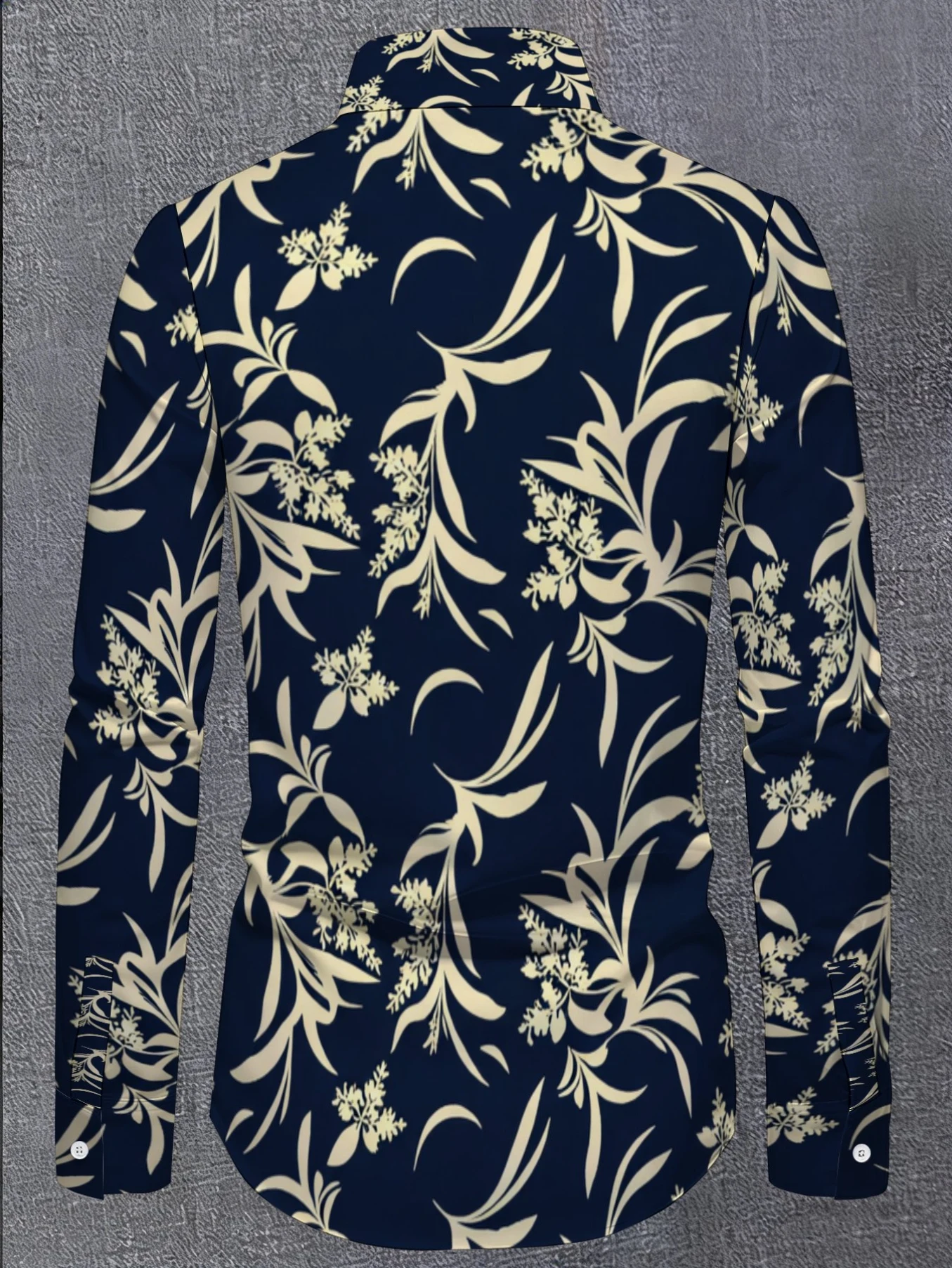 Men Long-Sleeve Button-Down Shirt Navy Base Golden Leaf Floral Print Polyester Lapel Collar Casual Top