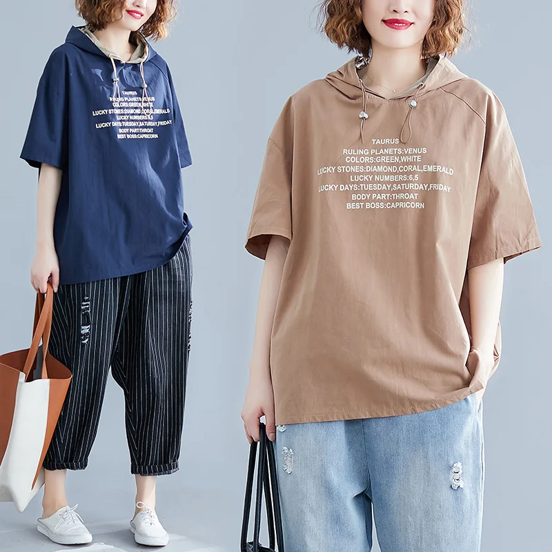 

Женская футболка-худи больших размеров, свободная, с коротким рукавом, модная, омолаживающая, летний топ для полных женщин, стильная повседневная одежда