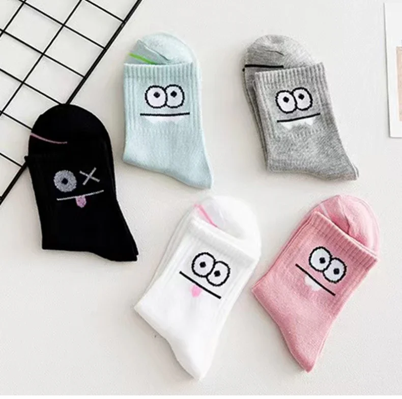 5 Paar süße Socken mit Ausdrucksdruck, bequeme und lustige Allround-Mid-Tube-Socken, Damenstrümpfe und Strumpfwaren – Detail 9