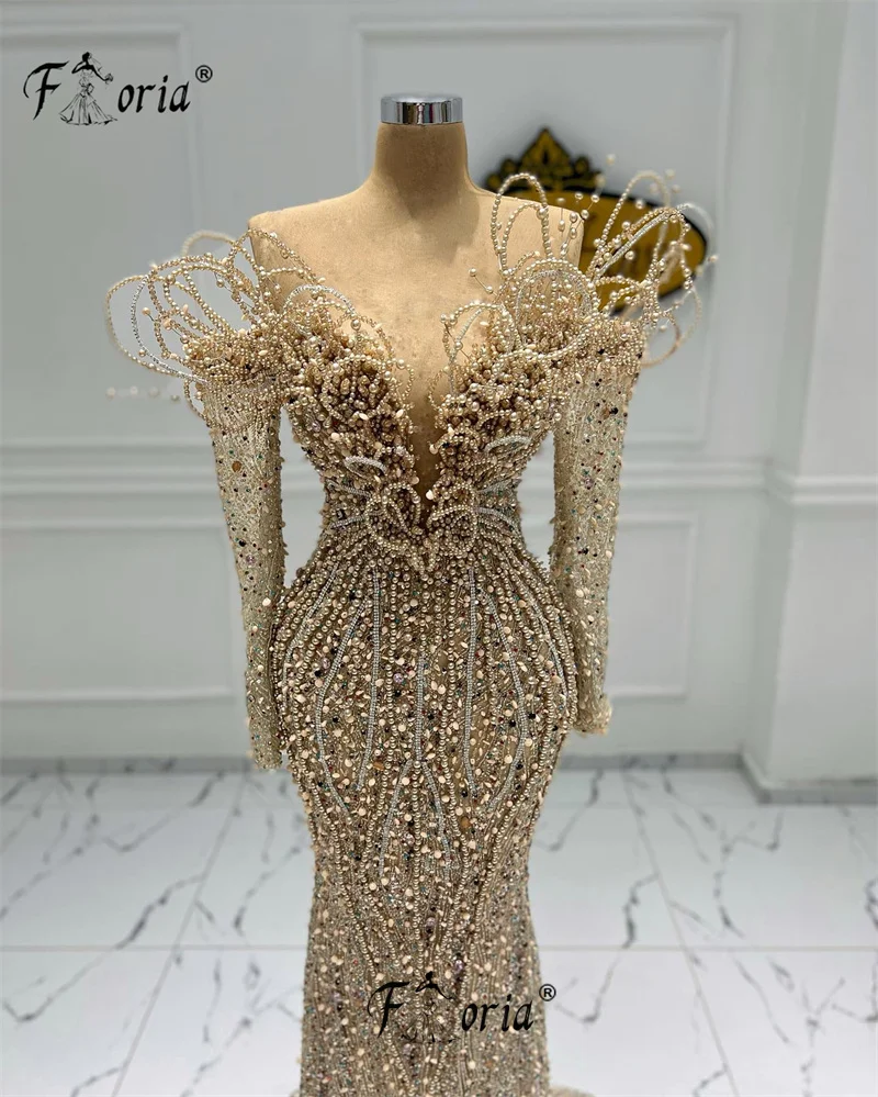 Gorgeous Dubai Gold Champagne Mermaid Bespoke Evening Dresses Full Beads Crystal Appliques 3D Long Wedding Party Dress 2024 Chic