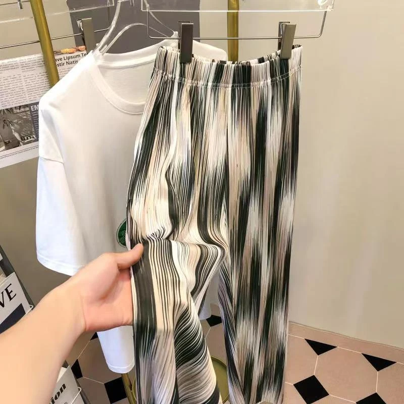 

Folded Wide Leg Pants Women Summer Thin Straight Loose Casual Ice Silk Cool down Pants Dyed Gradient High Waist Long Pants