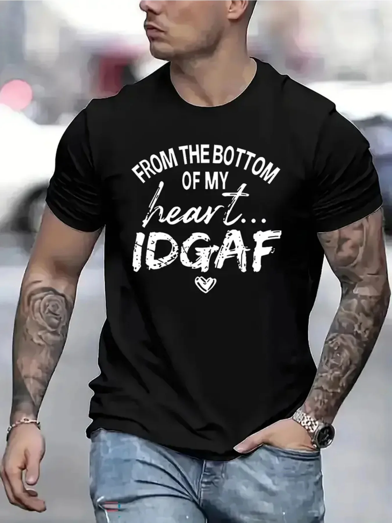 

Men's "From the Bottom of My Heart... IDGAF" Graphic T-Shirt - Comfortable Cotton, Crew Neck, Short Sleeve, Casual Streetwear