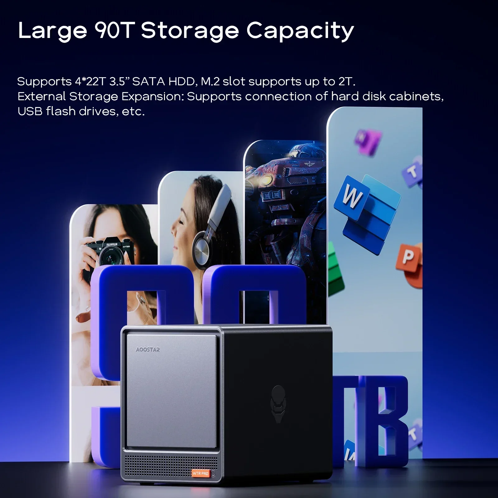 AOOSTAR WTR PRO AMD Ryzen 7 5825U Mini PC/NAS 8C/16T Dual 2.5G LAN 4 HDD Bays 4K تخزين كبير شاشة ثلاثية تبريد صامت