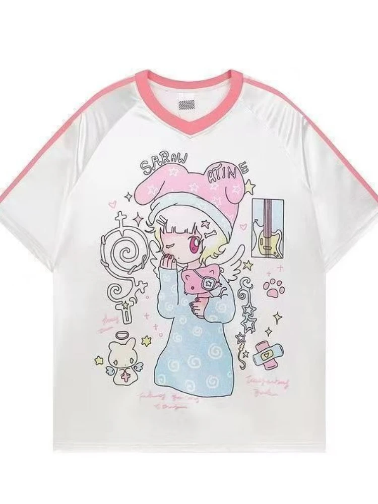 HOUZHOU White Kawaii Graphic Juminocore Women T-Shirts Cutecore Short Sleeve V Neck Quick Drying Jersey Oversized Street Hip Hop