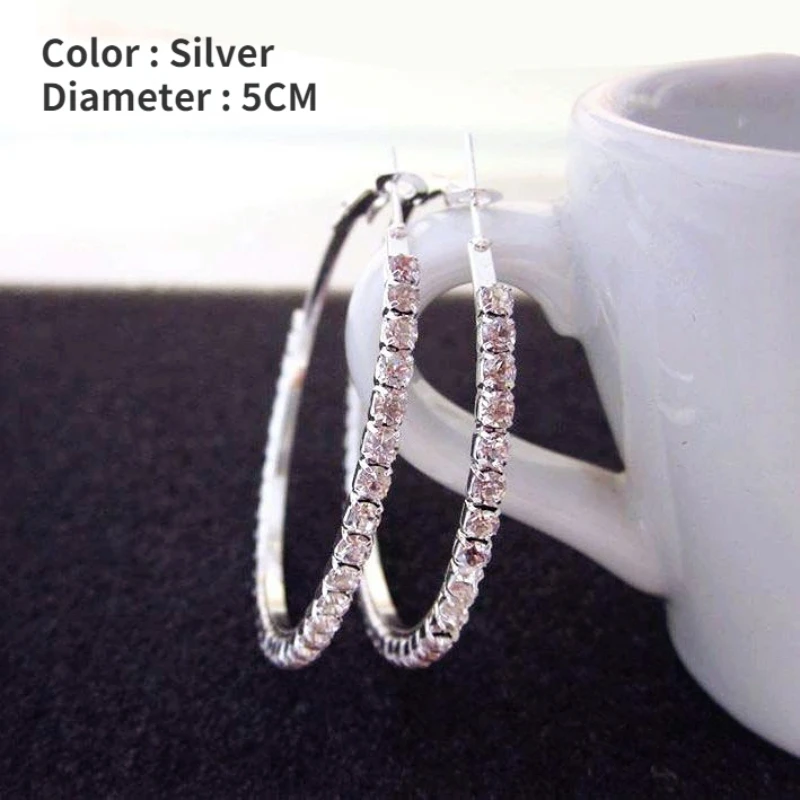 Hot 50mm-90mm Big Circle Crystal Hoop Earrings Gold Silver Color Large Circle Shiny Rhinestone Earring For Women Jewelry Gifts