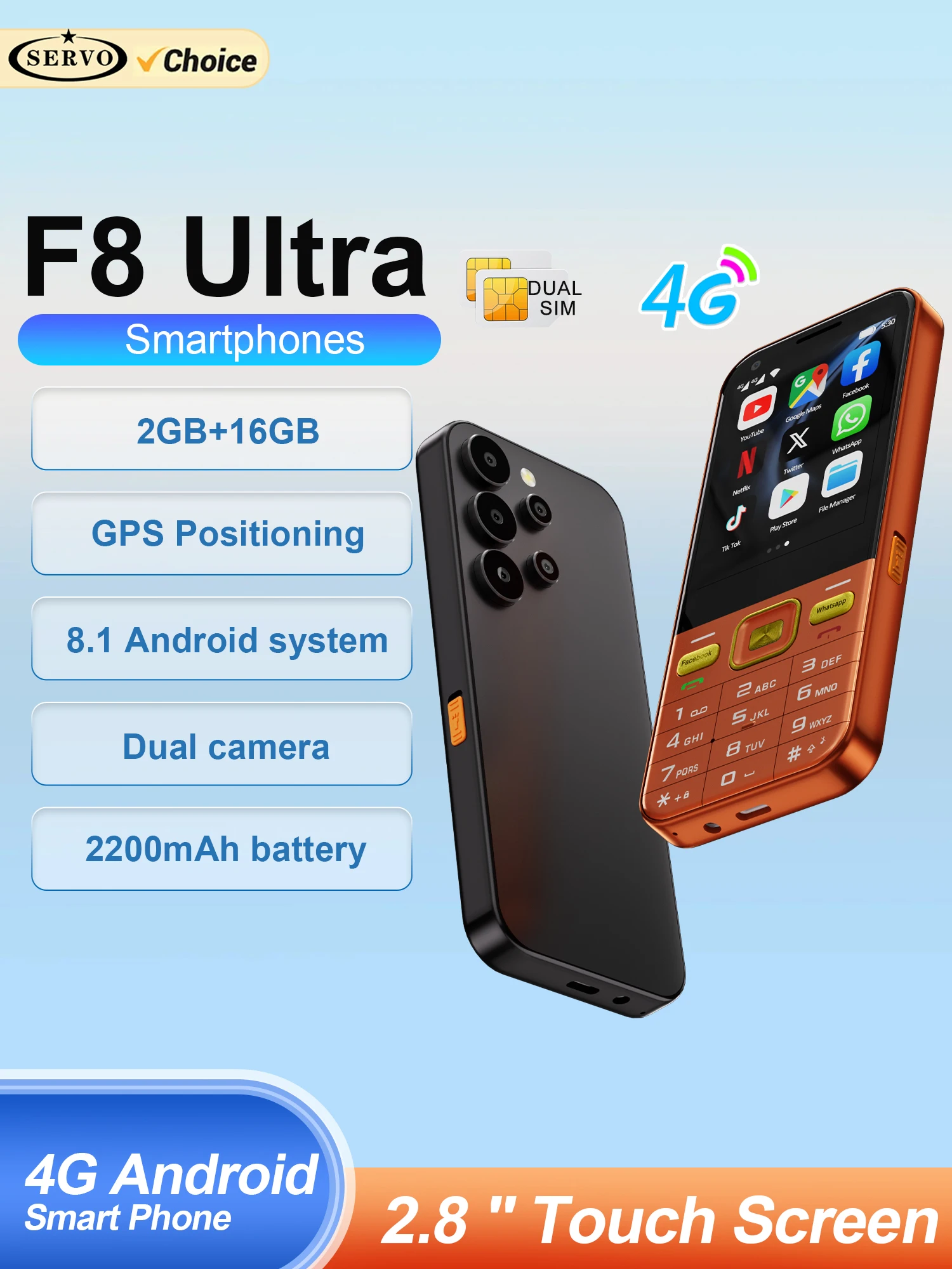SERVO F8 Ultra 4G Smartphone Dual SIM Standby Android 8.1Systeem 2GB + 16GB Facebook Zaklamp WiFi 2,8 "Touchscreen Knop Telefoon - afbeelding 2