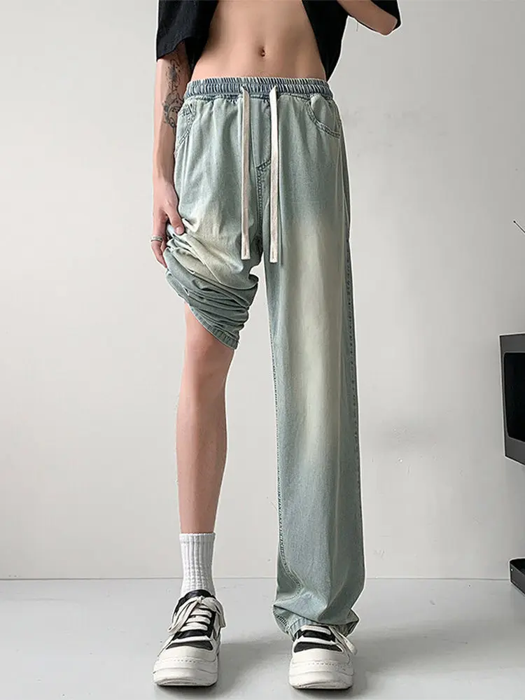 

Ice Silk Jeans Men's Summer Thin Casual Straight Leg Floor-Length Pants Simple Match Couples Jeans Cotton Polyester Blend