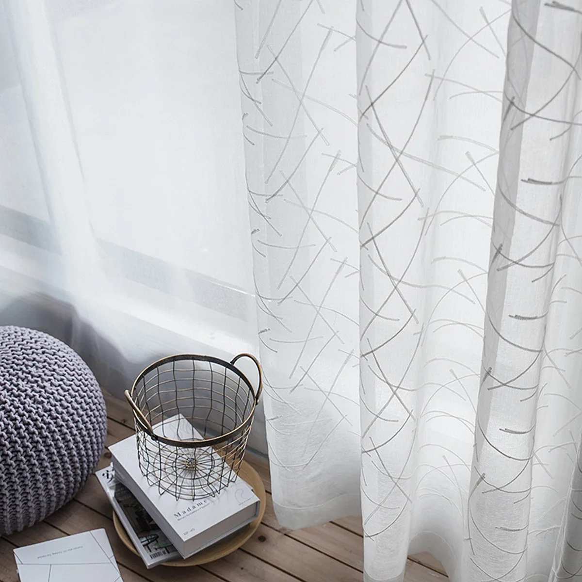 

1 PC Line Embroidery Sheer Curtain for the Room,Rod Pocket，Simple Pure Transparent Thin Tulle for Window Decor
