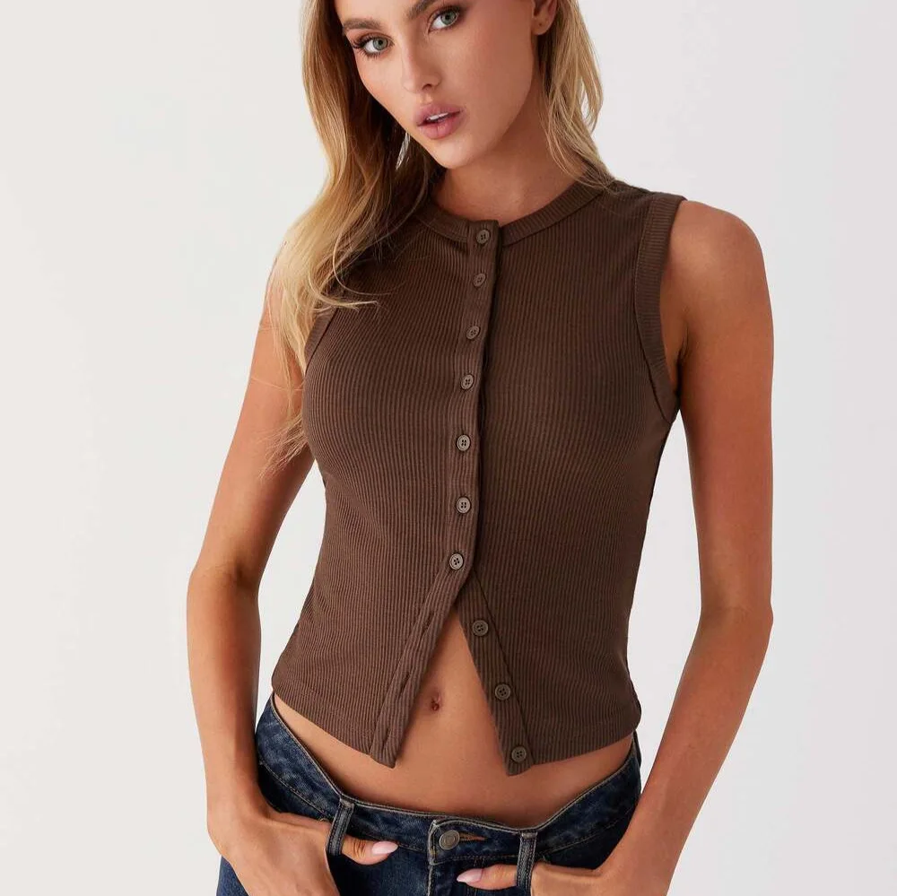 Summer New Y2k Hot Girls Slim Vest Tops Women Fashion Solid Color O Neck Single-breasted Sleeveless Vests Trendy Streetwear 2025