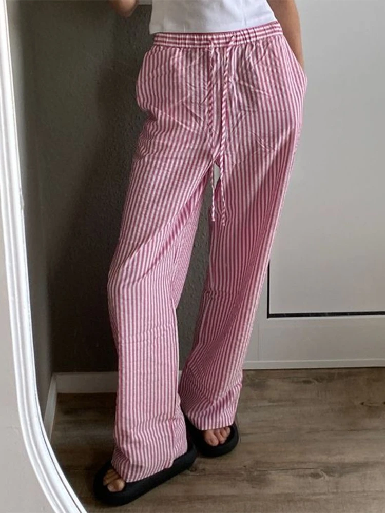 HOUZHOU Y2k Striped Pants Women Casual Blue High Waist Wide Leg Trousers Oversized Korean Style Red Spring New in Pants Harajuku