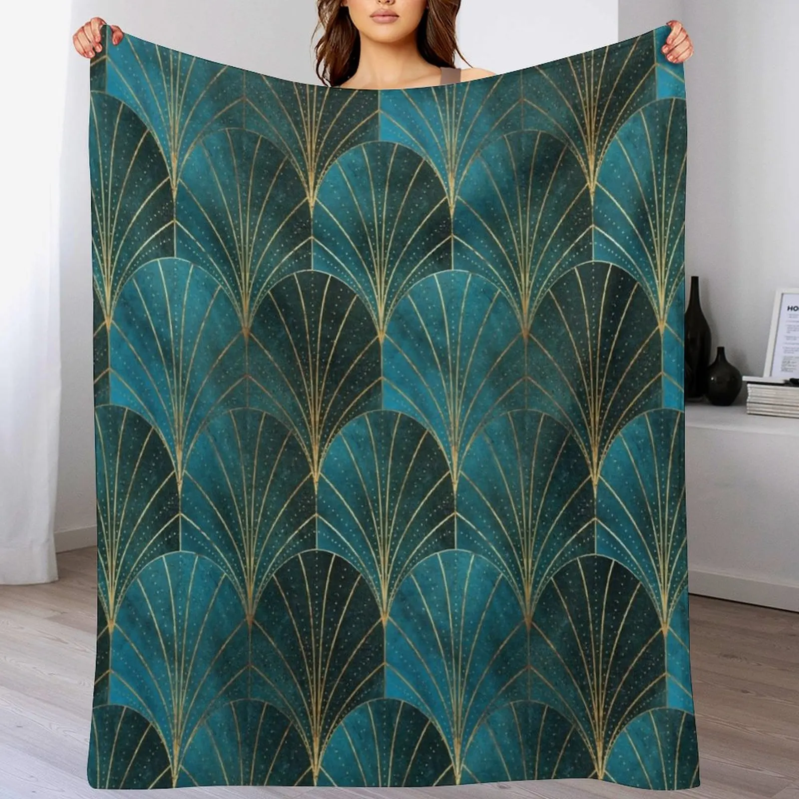 Art Deco Waterfalls // Textured Teal Throw Blanket Luxurious Soft Fuzzy Blanket for Sofa Bed