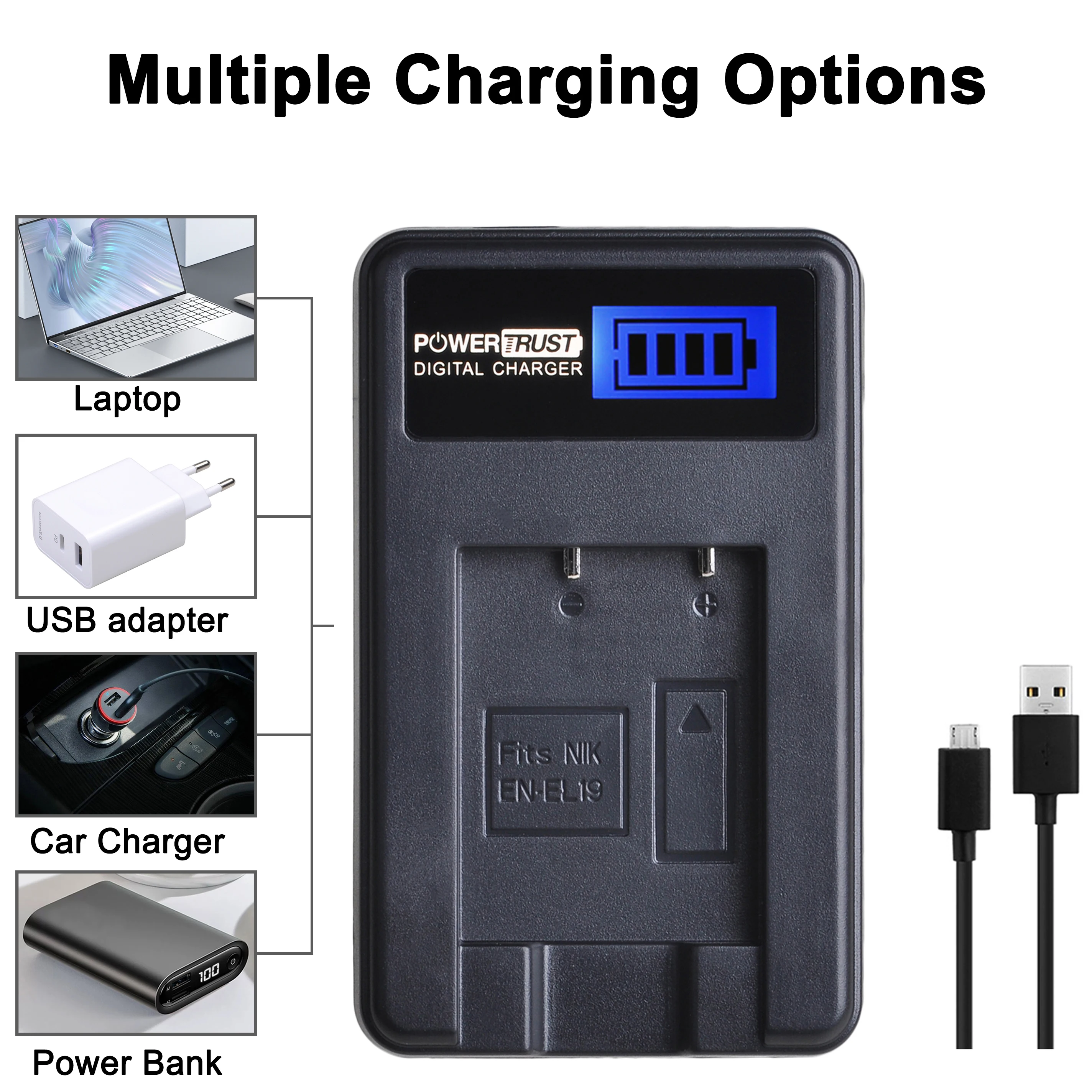 1200mAh EN-EL19 ENEL19 EN EL19 Battery and LCD USB Charger for Nikon Coolpix 3700 S5200 S3100 S2800 S3400 S6600 W100 S2600 S2700