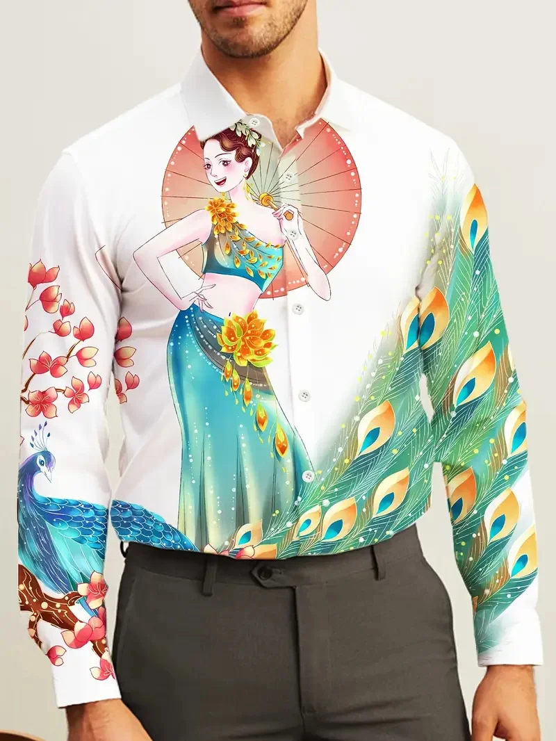 

Men's Long Sleeve Shirt Spring Autumn New Long Sleeve Shirt Flip-over Fashion Hawaiian Shirt 3D Flower Print